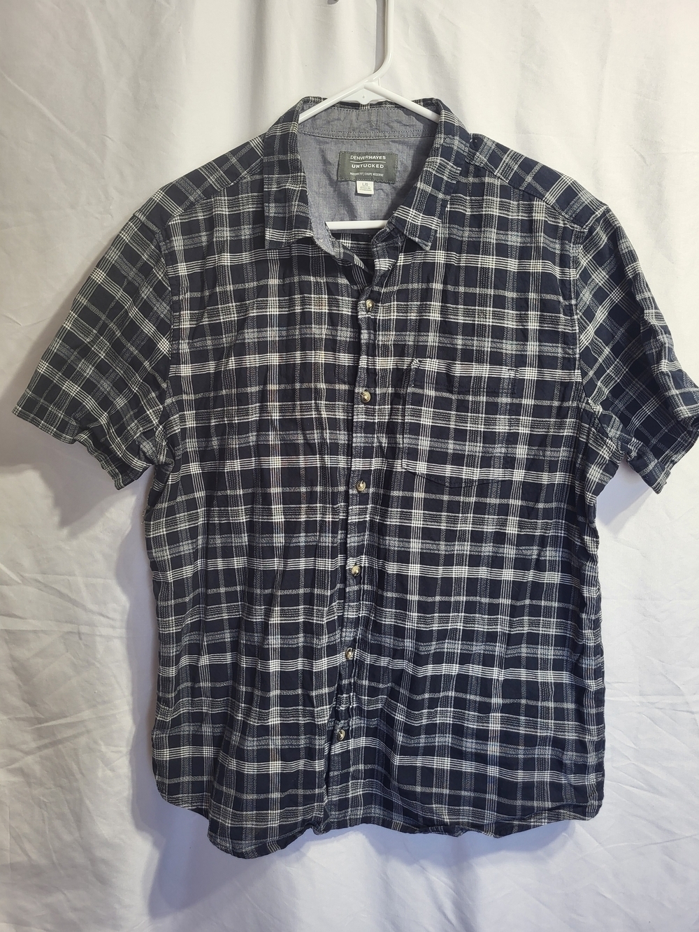 Denver Hayes Navy & White Plaid Short-Sleeve Button-Down Shirt, Size Large